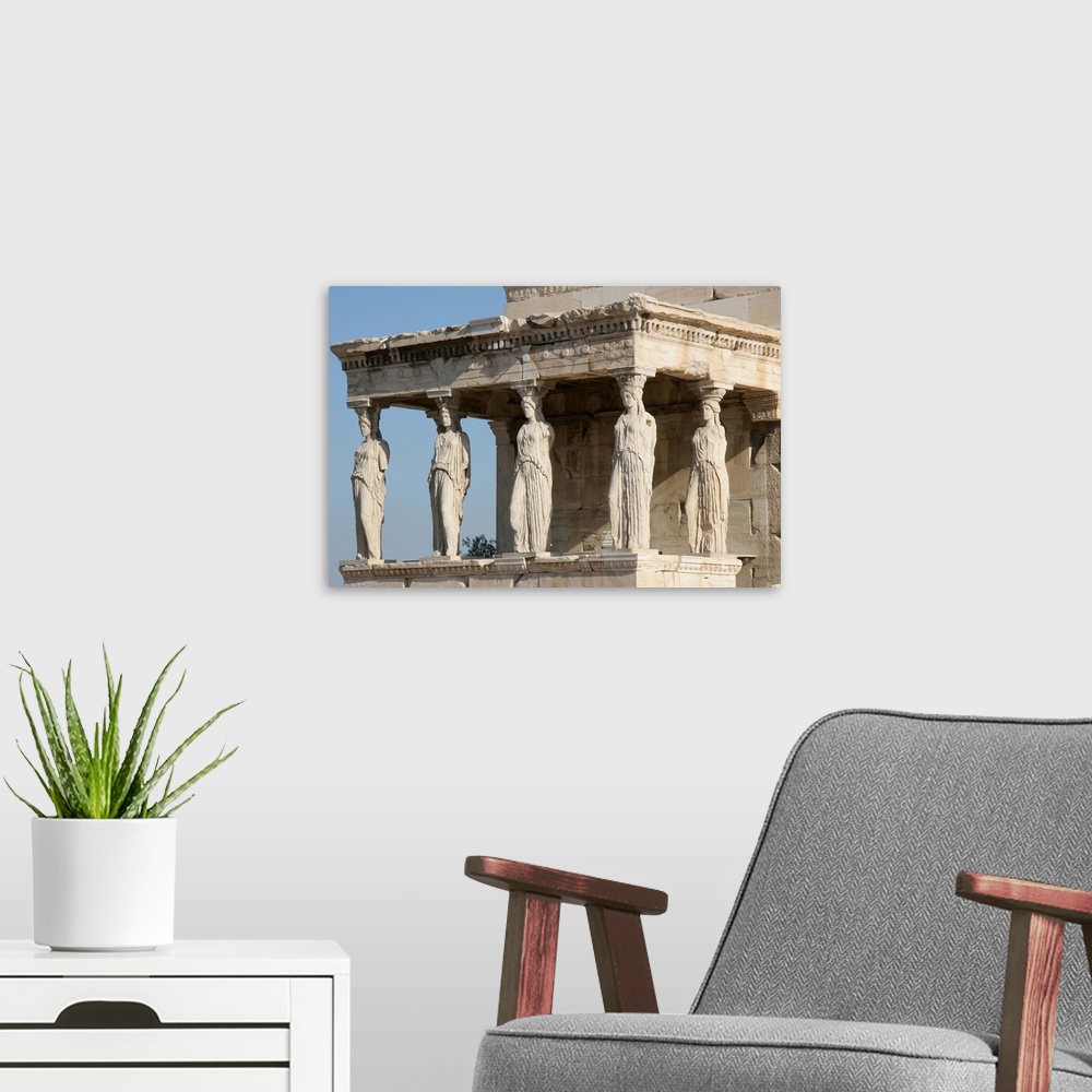 A modern room featuring Greek Art. Erechtheum.  Temple ionic  built between 421-407 BC. Porch of the Caryatids. Acropolis...