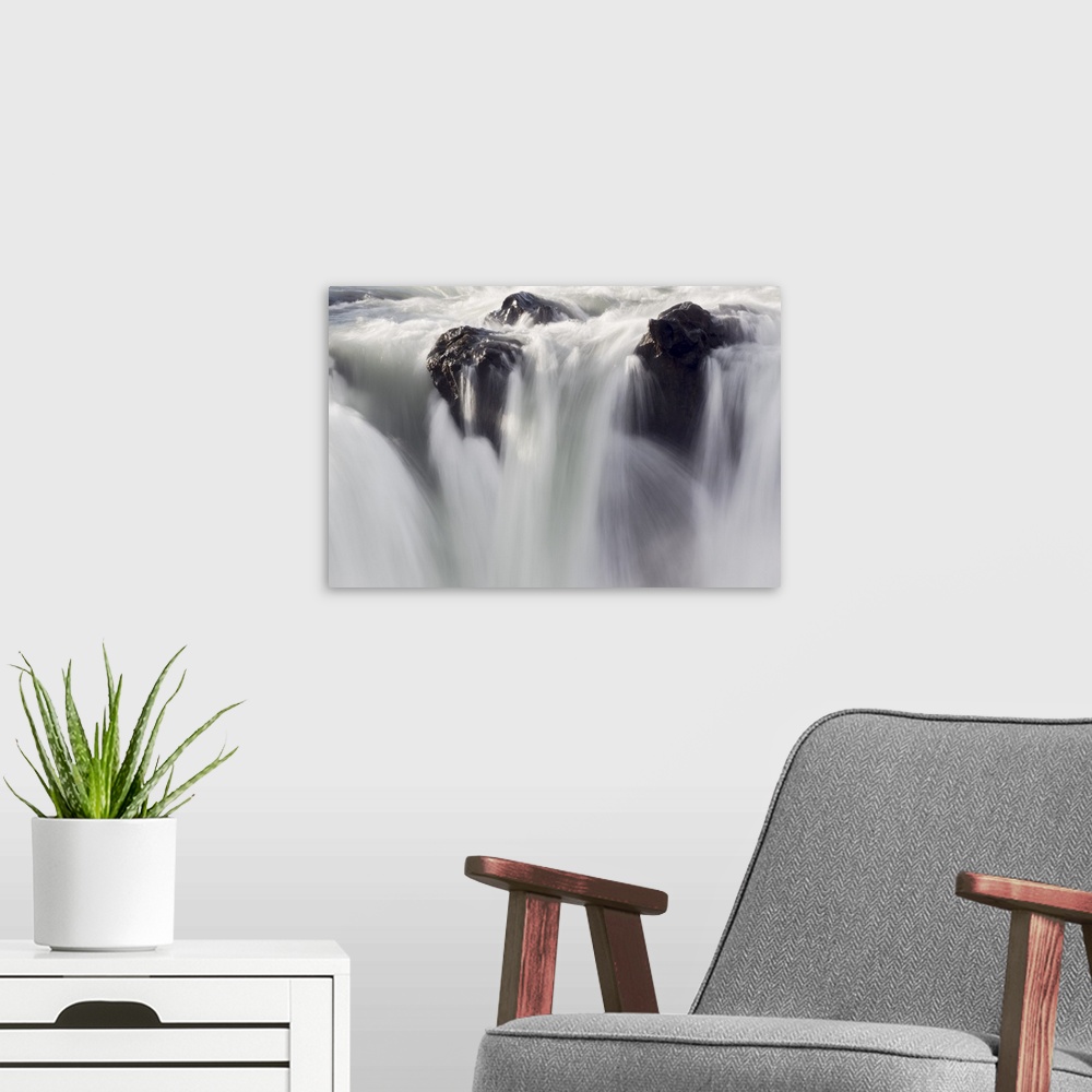 A modern room featuring Europe, Iceland, North Iceland, Godafoss, Falls of the Gods. Enormous amounts of water make these...