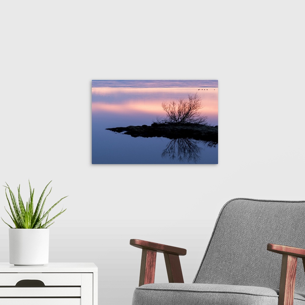 A modern room featuring Europe, Iceland, North Iceland, near Lake Myvatn, Reykjahlio. A colorful sunset is reflected in a...