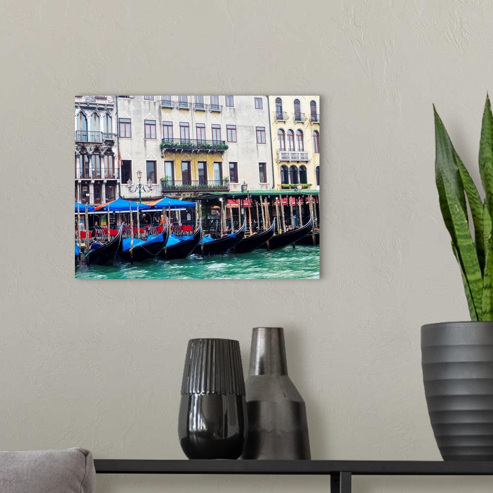 A modern room featuring Europe, Italy, Venice, Buildings along the Grand Canal with Gondolas parked.