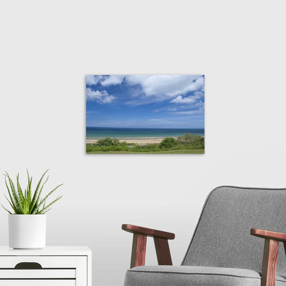A modern room featuring France, Normandy, Colleville-Sur-Mer. View of Omaha Beach from the Normandy American Cemetery. Sh...