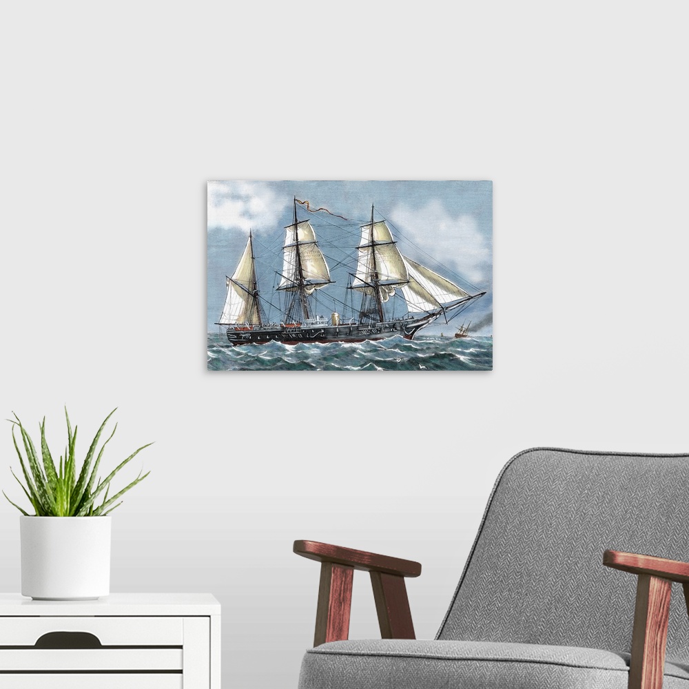 A modern room featuring Frigate 'Blanca' of the Spanish Navy aimed at a voyage of circumnavigation. Engraving by Capuz in...