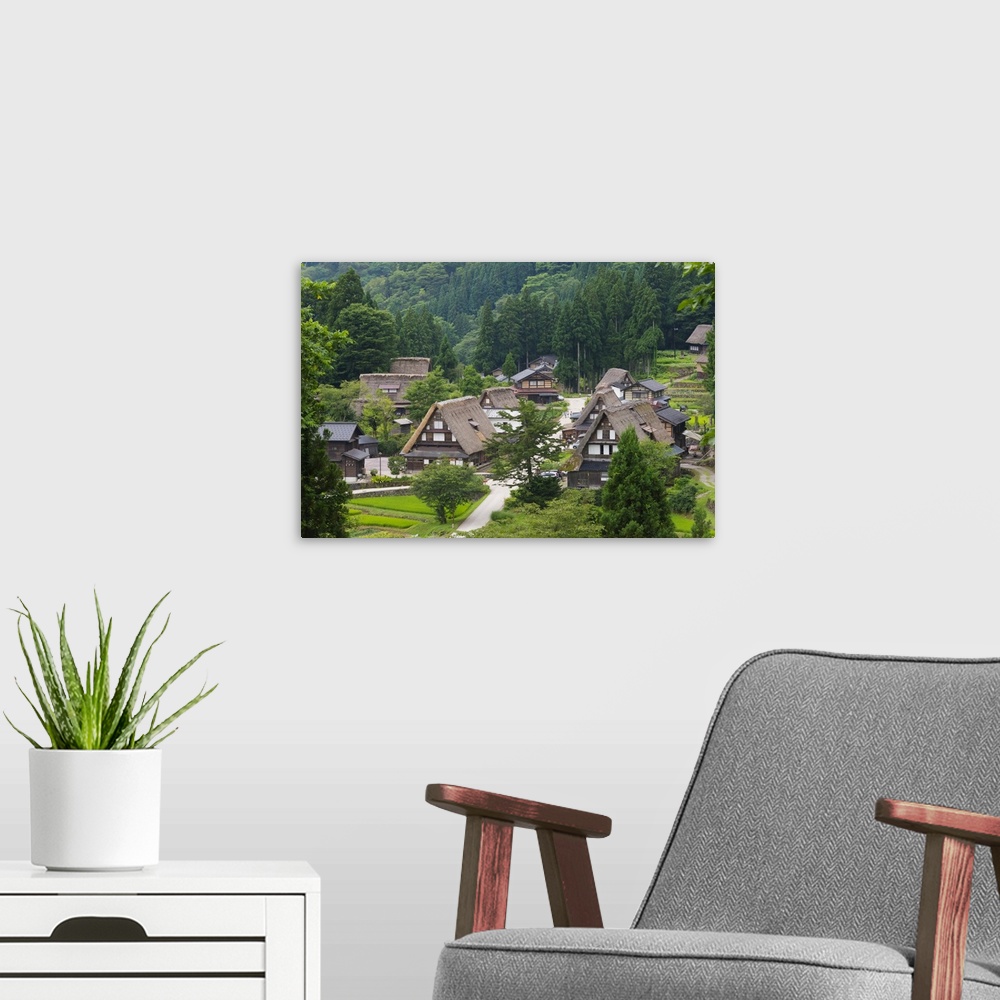 A modern room featuring Gassho-zukuri houses in the mountain, Ainokura Village, Gokayama, Toyama Prefecture, Japan