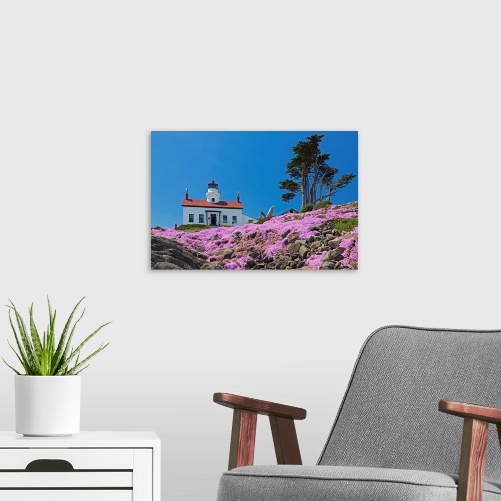 A modern room featuring CA, Crescent City, Battery Point Lighthouse, Ice Plants in full bloom.