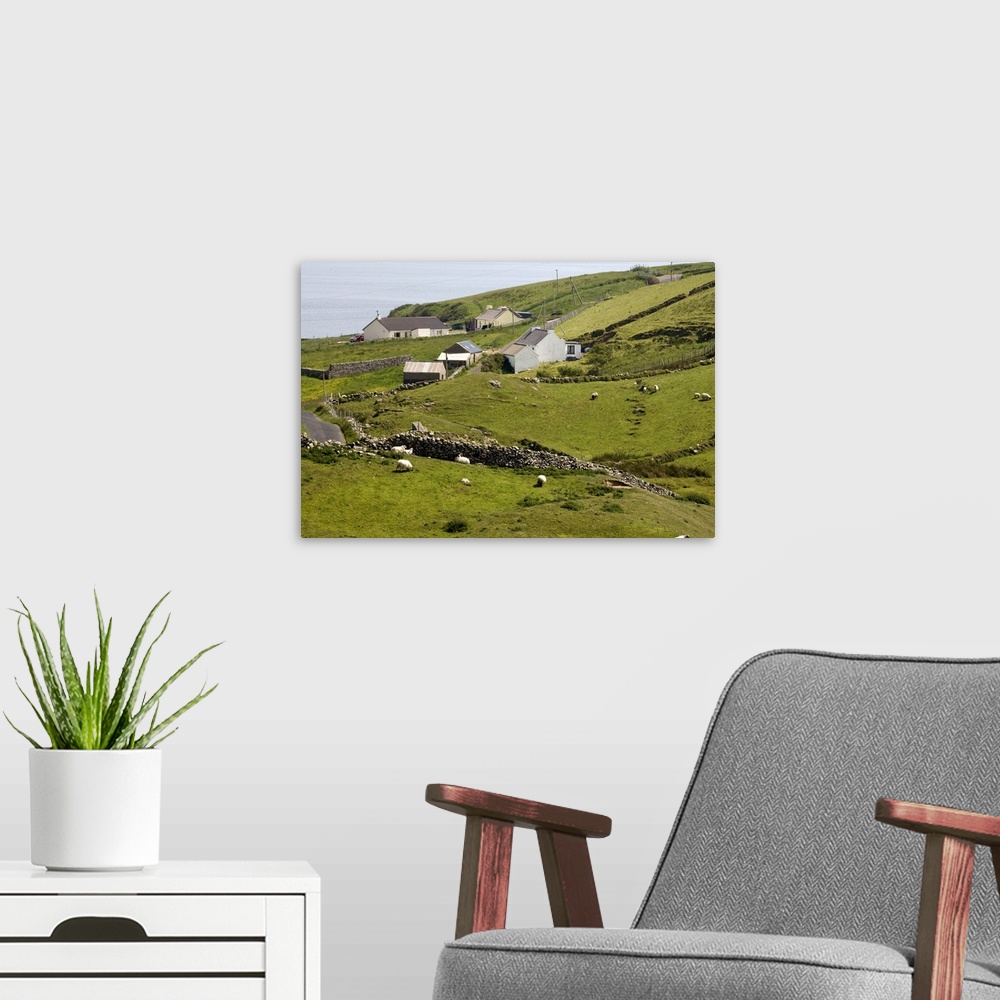 A modern room featuring Europe, Ireland, Donegal. Homes and grazing sheep in green countryside. Credit as: Wendy Kaveney ...