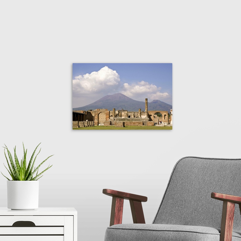 A modern room featuring Europe, Europe,Italy, Campania, Pompeii. Temple of Jupiter with Mount Vesuvius in the background.
