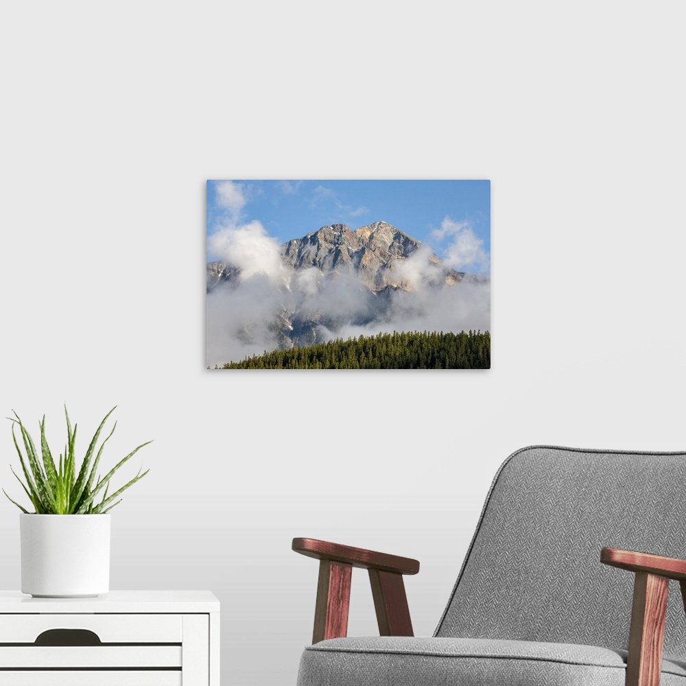 A modern room featuring Jasper National Park, Alberta, Canada. View of Pyramid Mountain from Patricia Lake Circle trail.