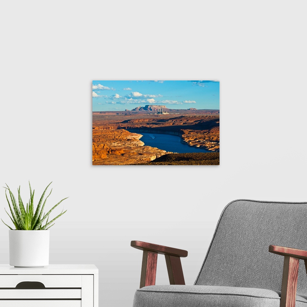 A modern room featuring North America, USA, Arizona, Page, Lake Powell Vistas, cruising Boat, From Wahweap Overlook.