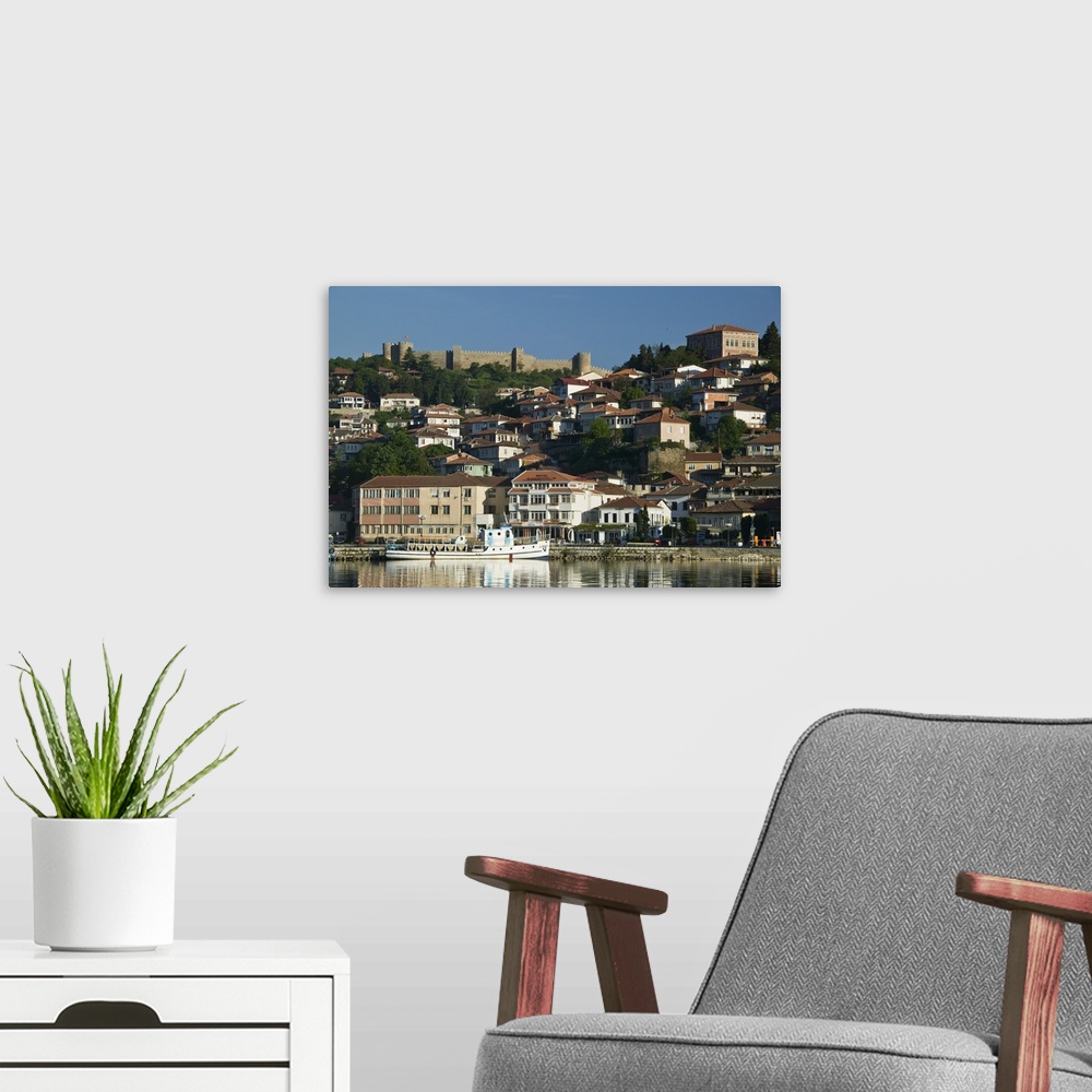 A modern room featuring MACEDONIA, Ohrid. Morning View of Old Town and Car Samoil's Castle.
