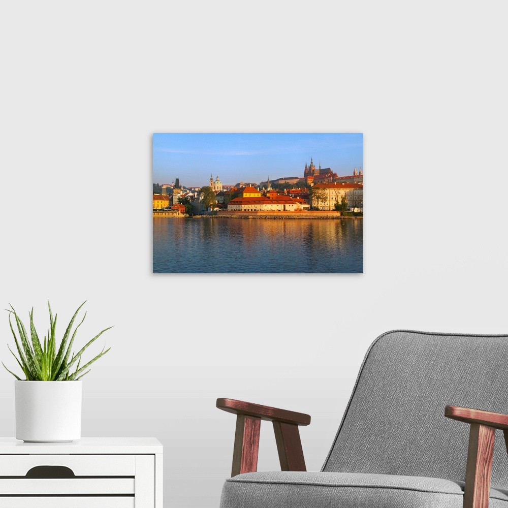 A modern room featuring Morning view of Prague Castle by Vltava River, Prague, Czech Republic