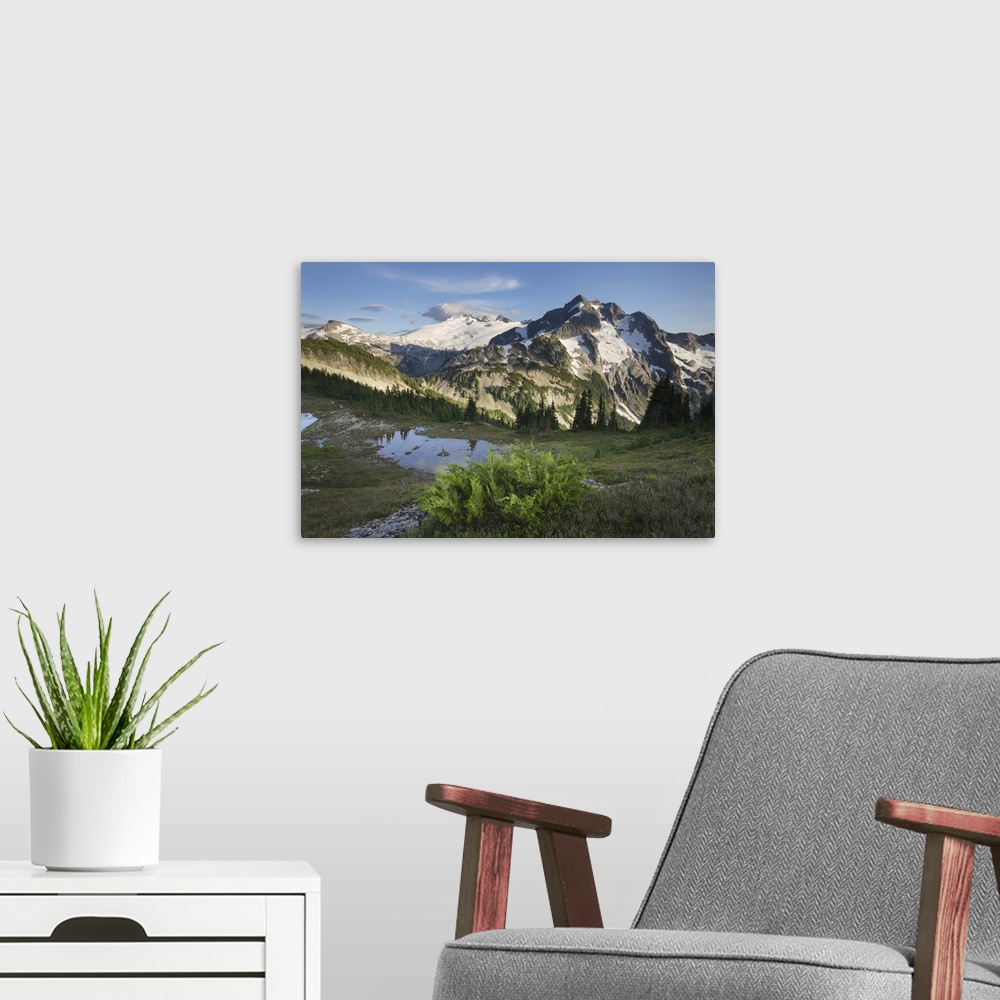 A modern room featuring Mount Challenger and Whatcom Peak seen from Tapto Lakes Basin on Red face Peak, North Cascades Na...
