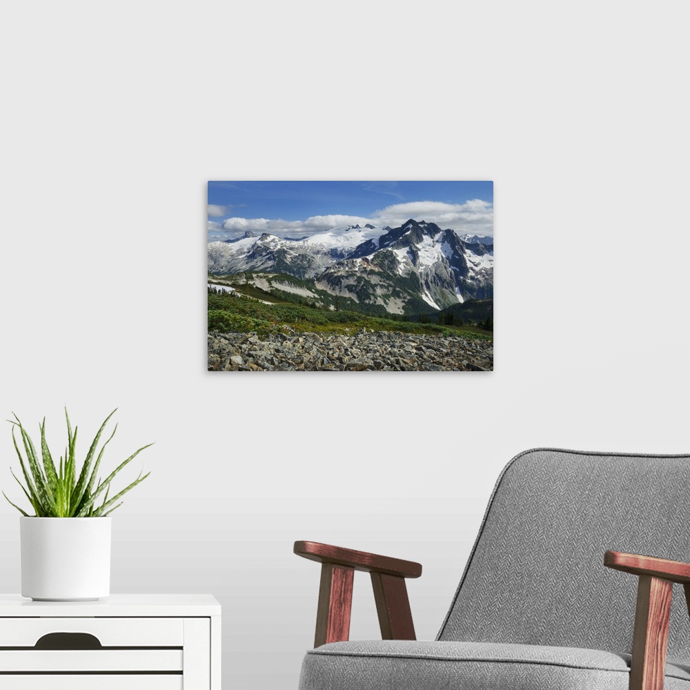 A modern room featuring Mount Challenger and Whatcom Peak seen from Tapto Lake, North Cascades National Park