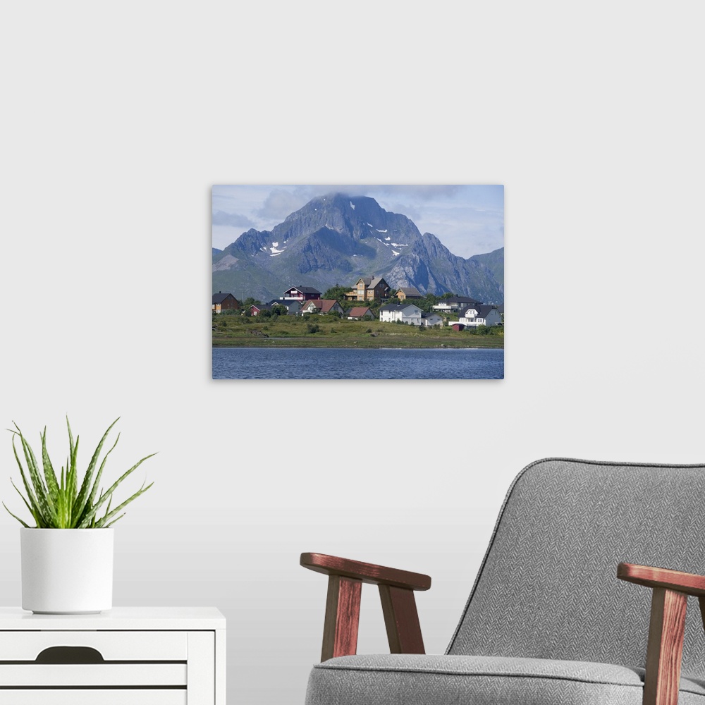 A modern room featuring Norway, Nordland, Lofoten Archipelago, Gravdal. View along the fjord.