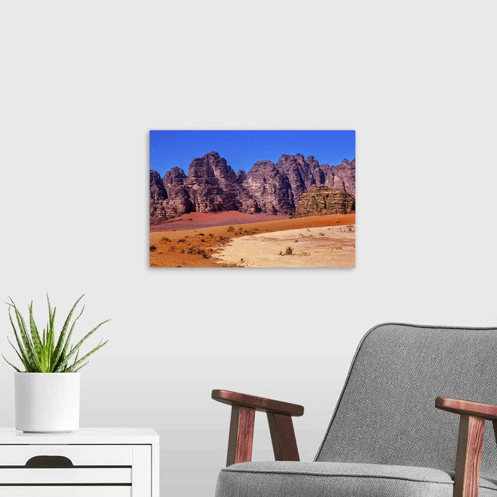 A modern room featuring Orange Yellow Sand Rock Formation Wadi Rum Valley of the Moon Jordan. Inhabited by humans since p...