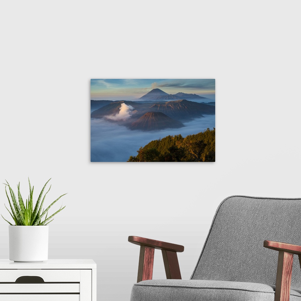 A modern room featuring Indonesia, East Java. Overview of Mt. Bromo and Mt. Merapi.