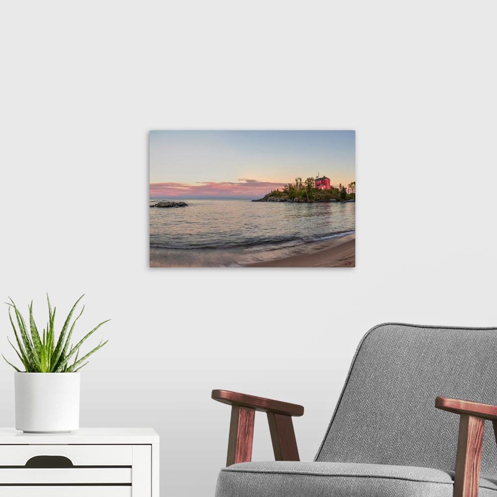 A modern room featuring Panoramic of the Marquette Harbor Lighthouse on Lake Superior in Marquette, Michigan USA