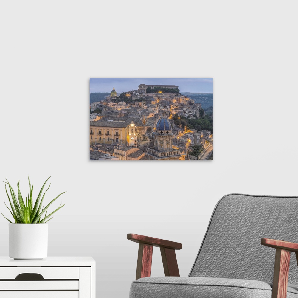 A modern room featuring Europe, Italy, Sicily, Ragusa, Looking Down on Ragusa Ibla at Dusk.