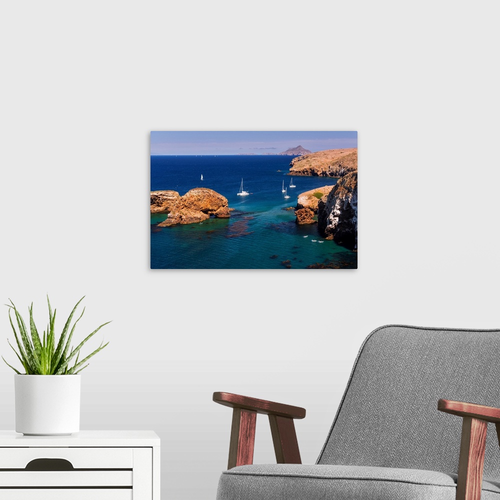 A modern room featuring Sailboats at Scorpion Cove, Santa Cruz Island, Channel Islands National Park, California.