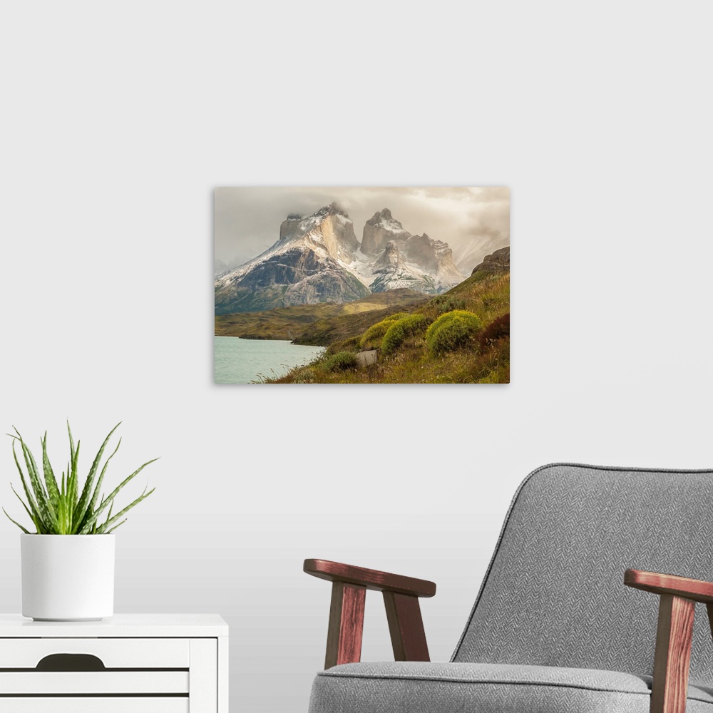 A modern room featuring South America, Chile, Patagonia. Lake Pehoe and The Horns mountains.