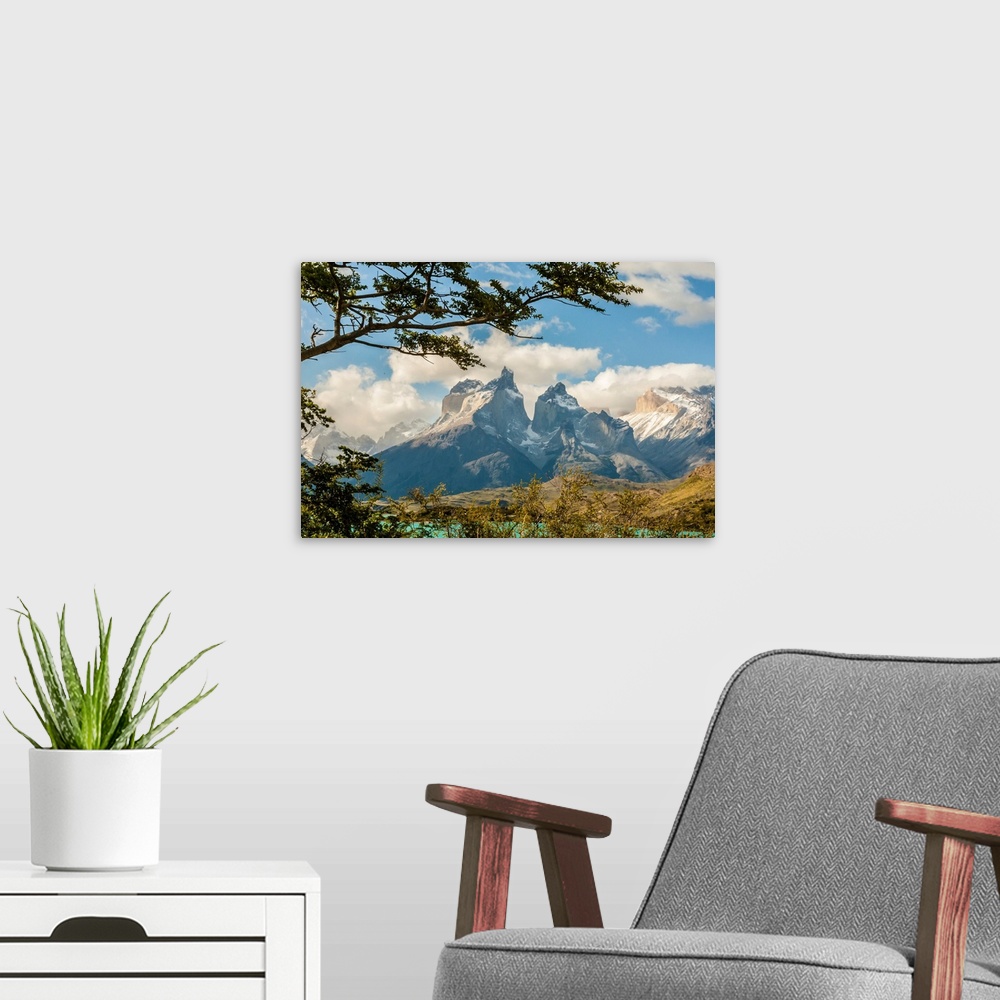 A modern room featuring South America, Chile, Patagonia. Lake Pehoe and The Horns mountains.