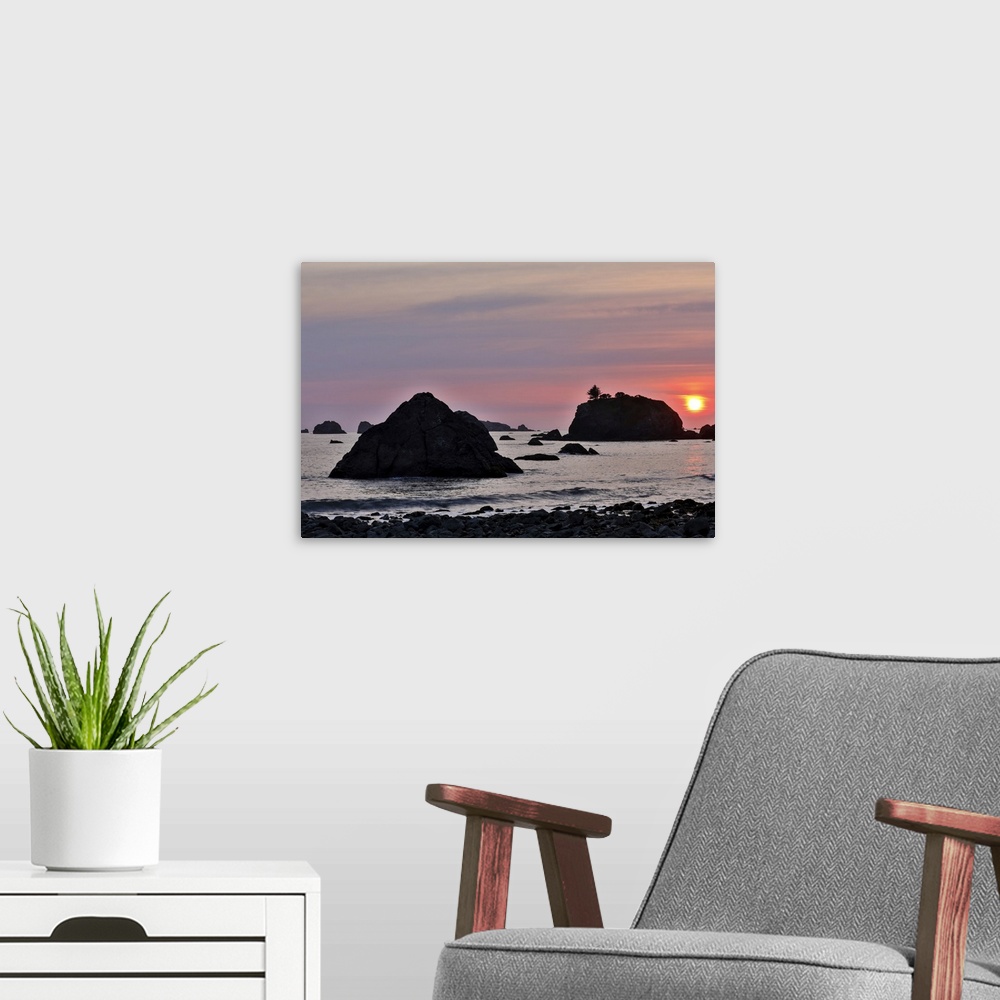 A modern room featuring Sunset and sea stacks along Northern California coastline, Crescent City