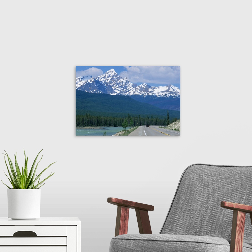 A modern room featuring The Canadian Rockies in Banff, Canada...canadian rockies, mountains, snowcapped, ice, snow, banff...