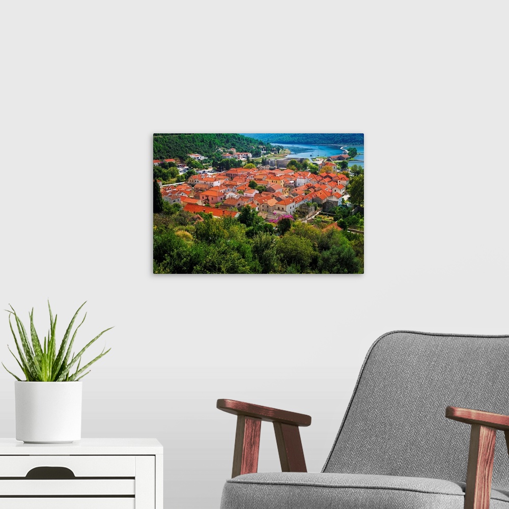 A modern room featuring The town of Ston from the Great Wall, Ston, Dalmatian Coast, Croatia.