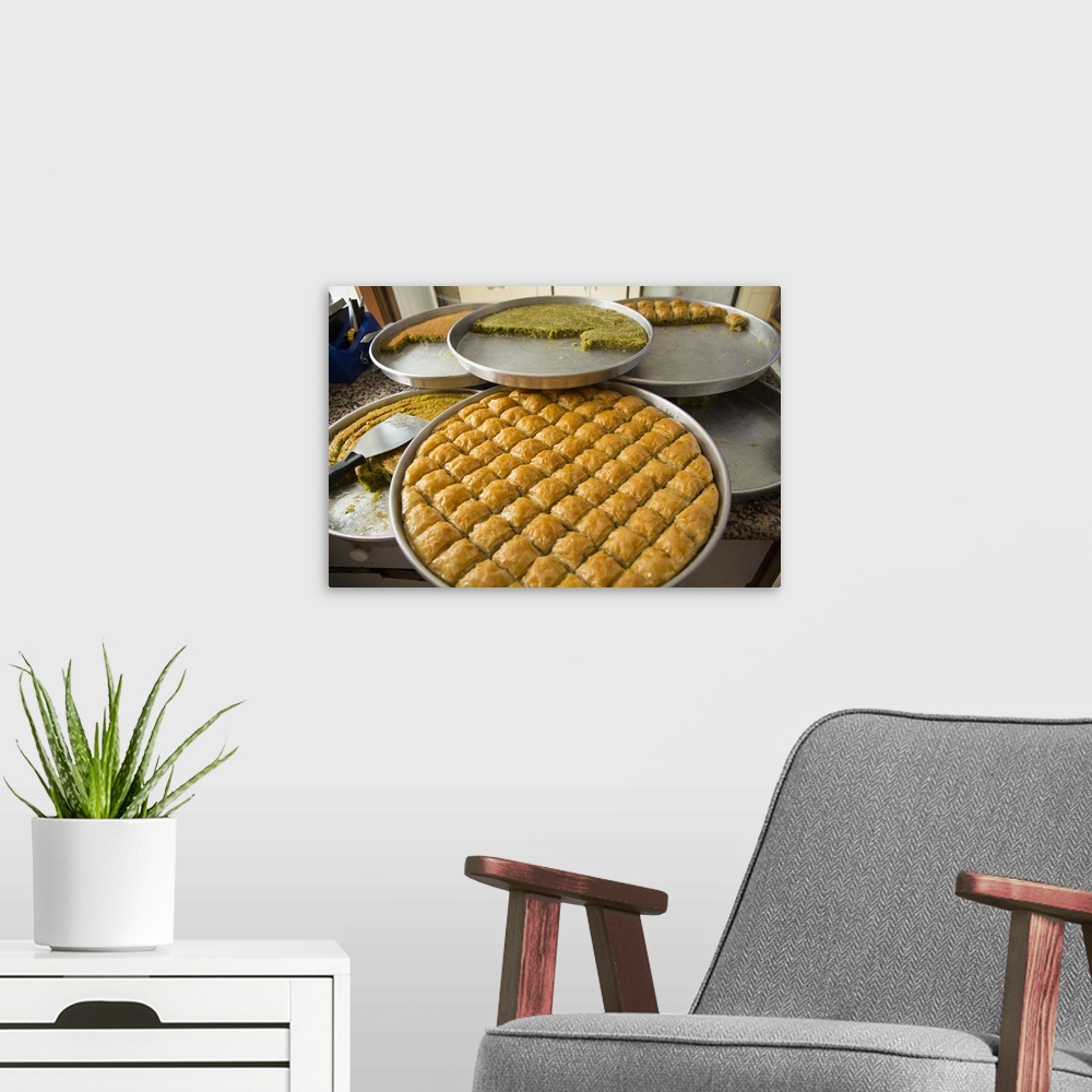 A modern room featuring Turkey, Gaziantep. Baklava is phyllo dough with nuts, honey or syrup.