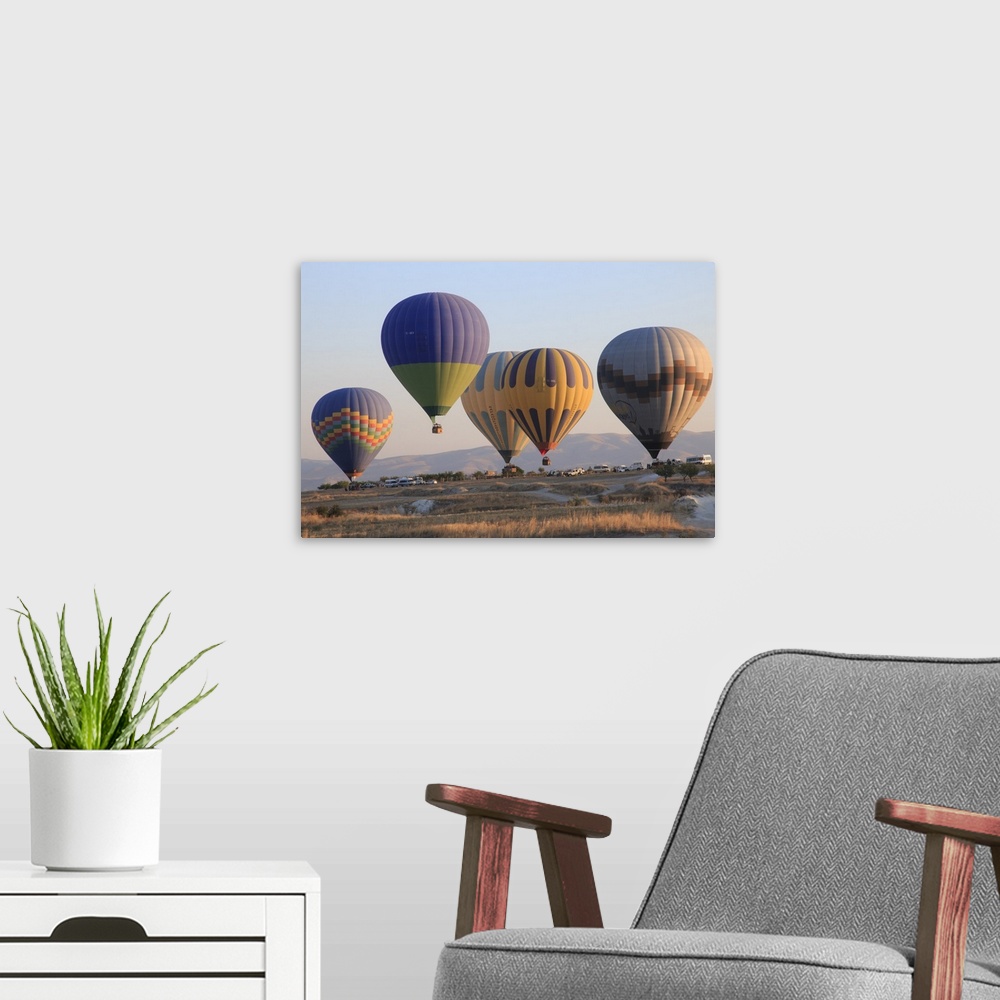 A modern room featuring Turkey,Anatolia,Cappadocia, Goreme. Hot air balloons at lift-off, preparing to fly above/among ro...
