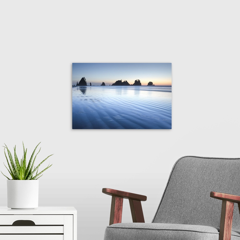A modern room featuring Twilight over Shi Shi Beach, sea stacks of Point of the Arches are in the distance. Olympic Natio...