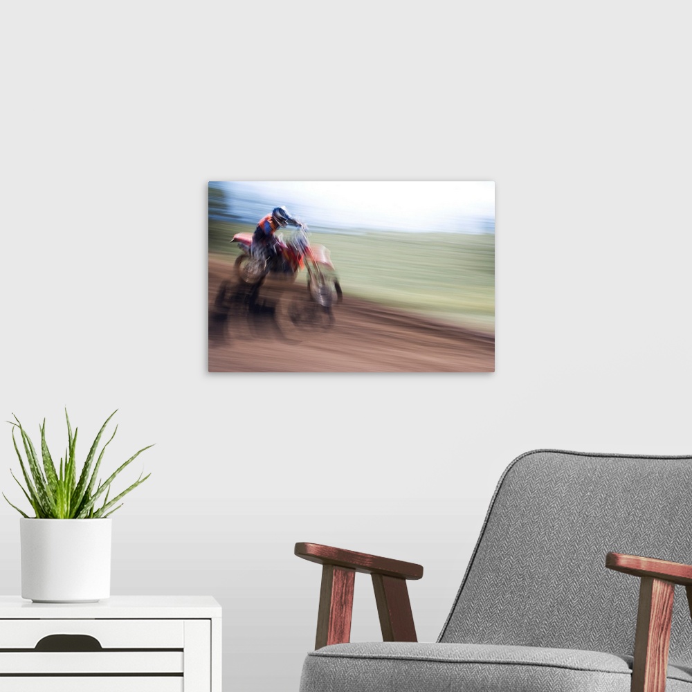 A modern room featuring USA, California, Mammoth Lakes. Blur of motocross racer.