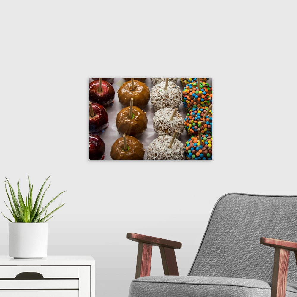 A modern room featuring USA, food detail. Gourmet candied apples.