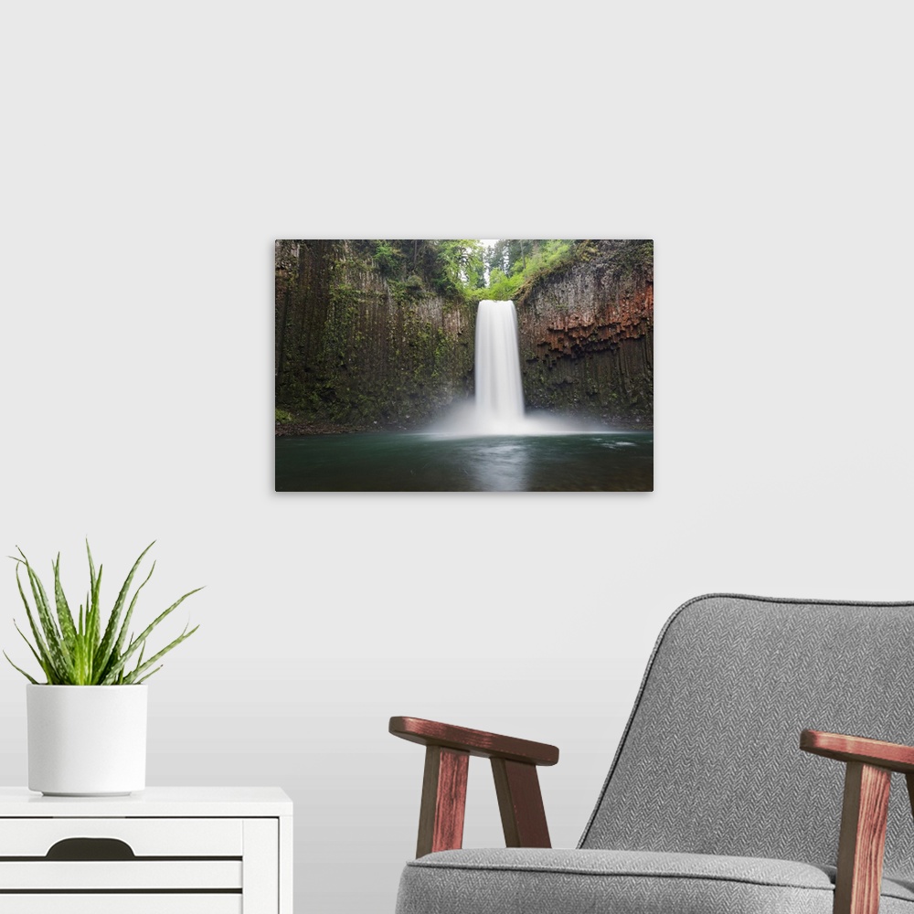 A modern room featuring USA, Oregon. Abiqua Falls plunges into large pool.