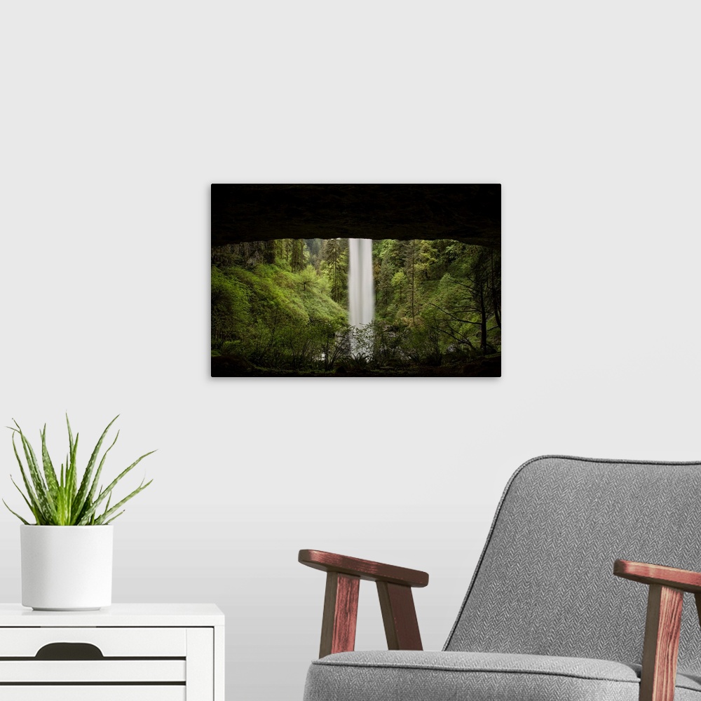 A modern room featuring USA, Oregon, Silver Falls State Park. North Falls seen from inside cave.