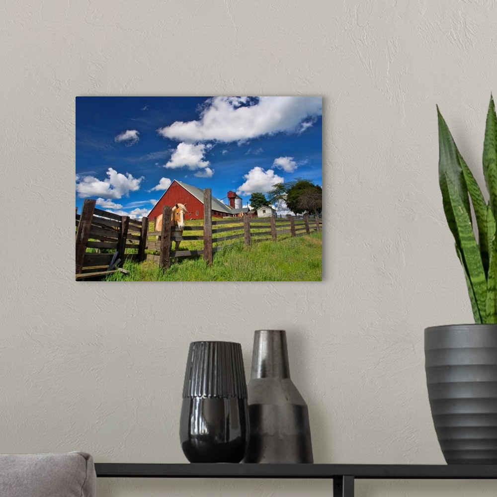 A modern room featuring North America, USA, Washington, Palouse Country, Colfax, Old Red Barn with Fence and Horse