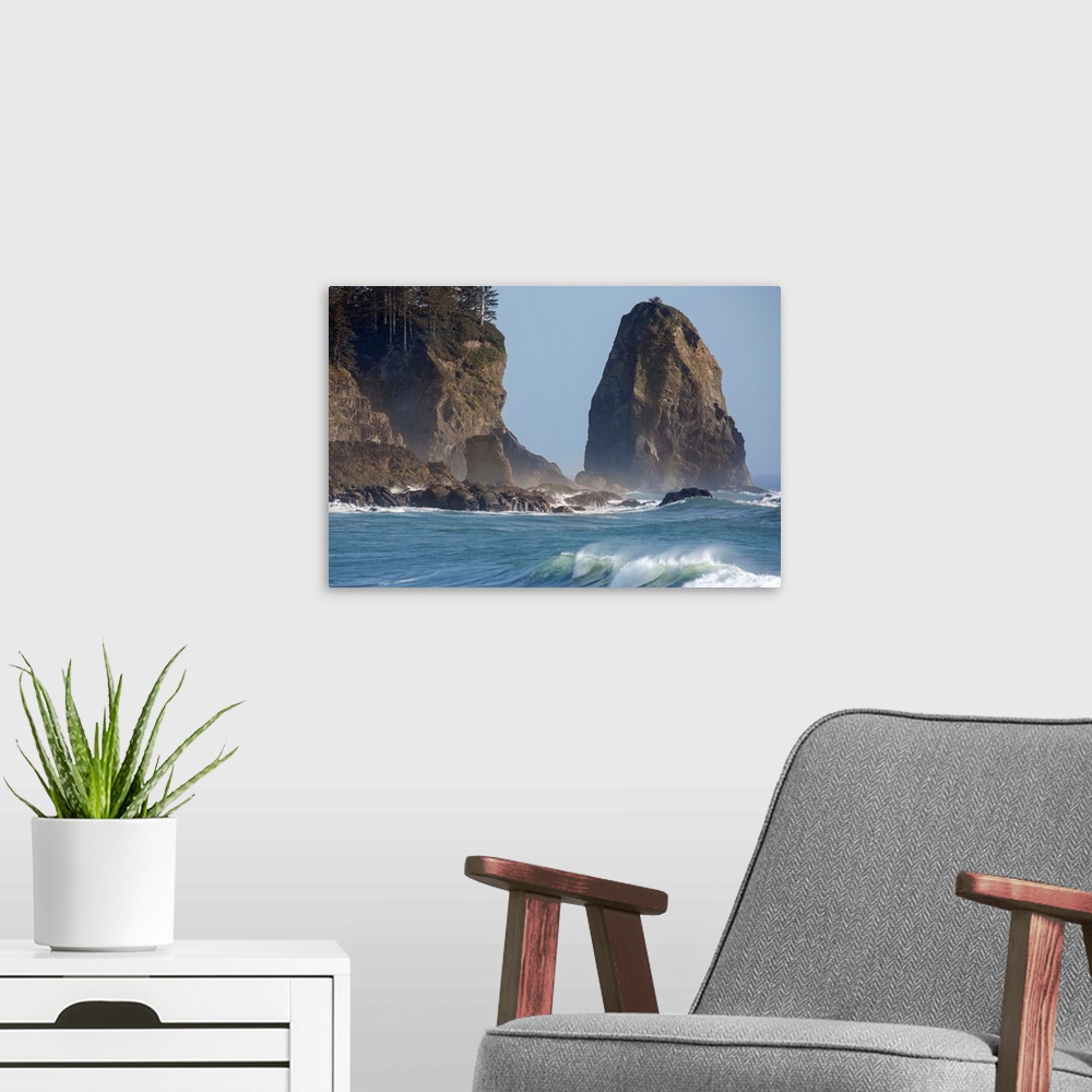 A modern room featuring USA, Washington. Waves crash on the shore of First Beach.