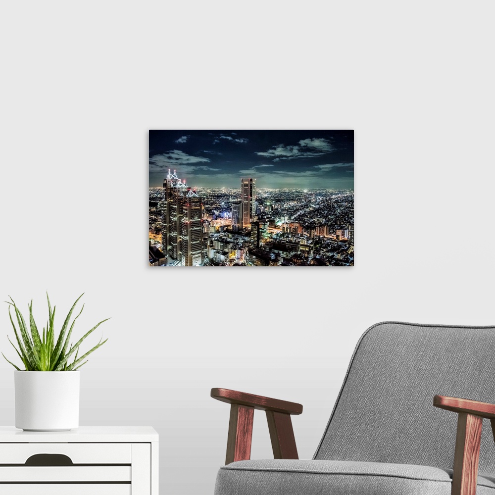 A modern room featuring View from the Government Building of Tokyo Japan, cityscape at night