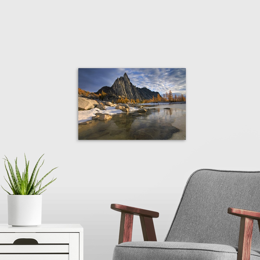 A modern room featuring USA, Washington, Cascade Mountains.  Prusik Peak from frozen Gnome Tarn in the Enchantment Lakes.