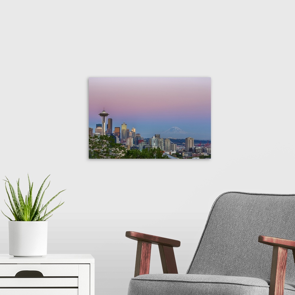 A modern room featuring WA, Seattle, skyline view from Kerry Park, with Mount Rainier (2015)