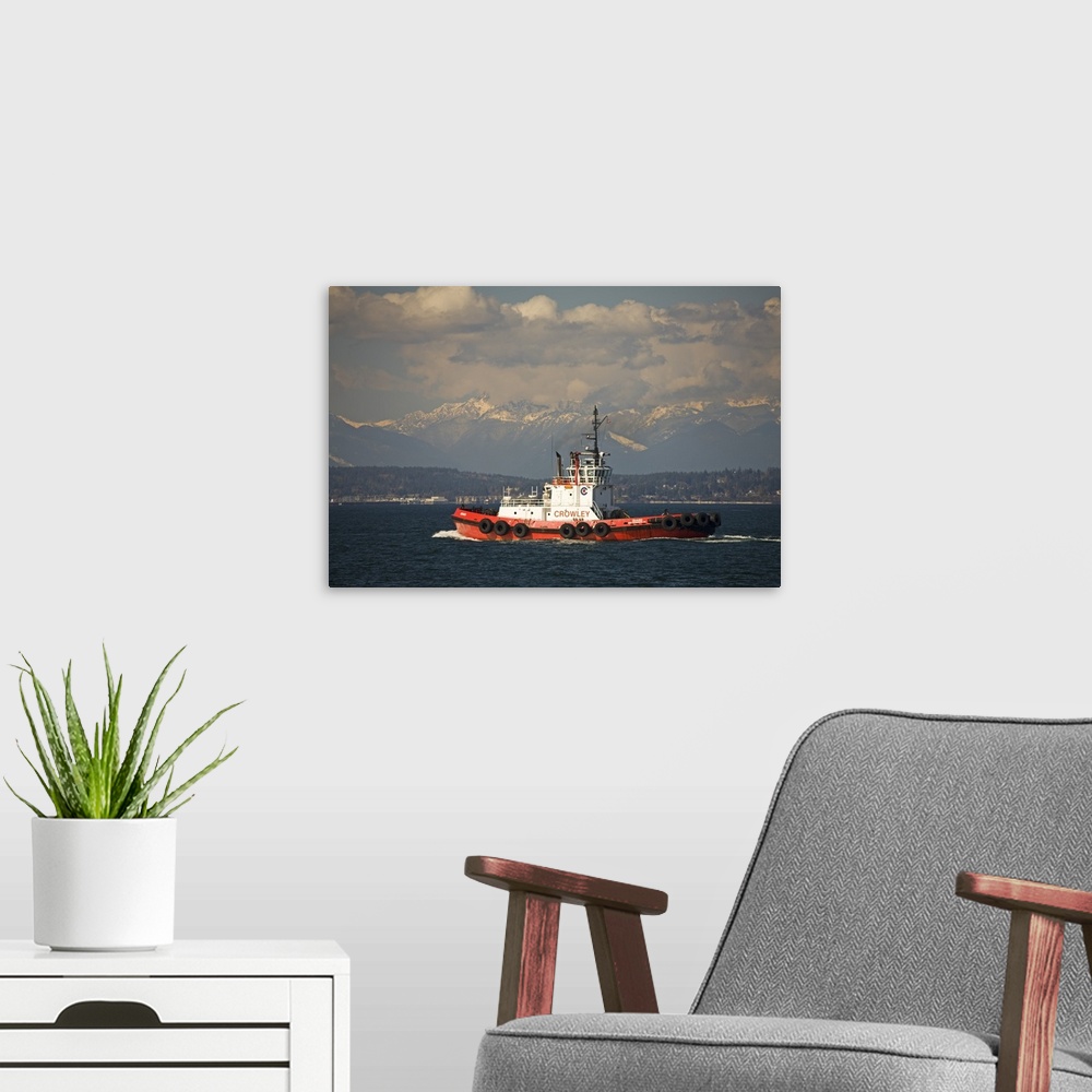 A modern room featuring Washington, Seattle, Tug boat on Elliott Bay with Olympic mountains.