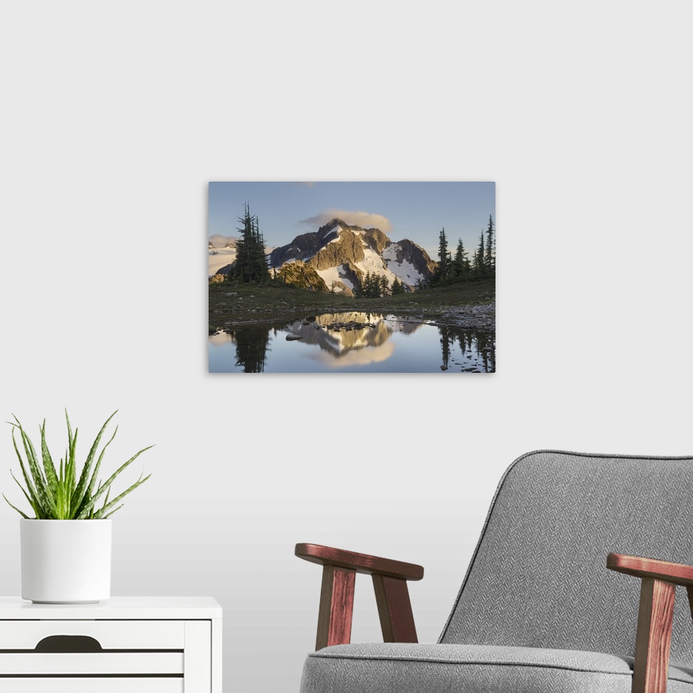 A modern room featuring Whatcom Peak reflected in Tapto Lake, North Cascades National Park