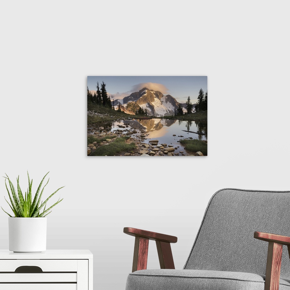 A modern room featuring Whatcom Peak reflected in Tapto Lake, North Cascades National Park