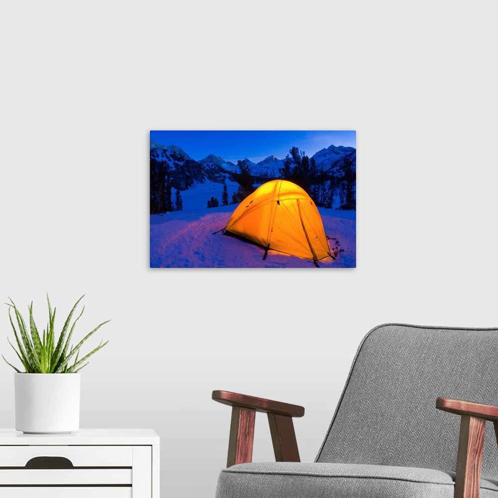 A modern room featuring Yellow dome tent in winter, John Muir Wilderness, Sierra Nevada Mountains, California USA.