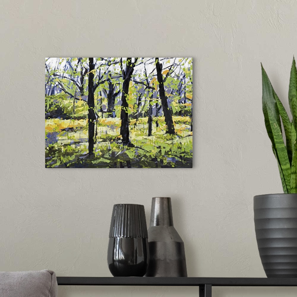 A modern room featuring Contemporary painting of a forest in spring time.