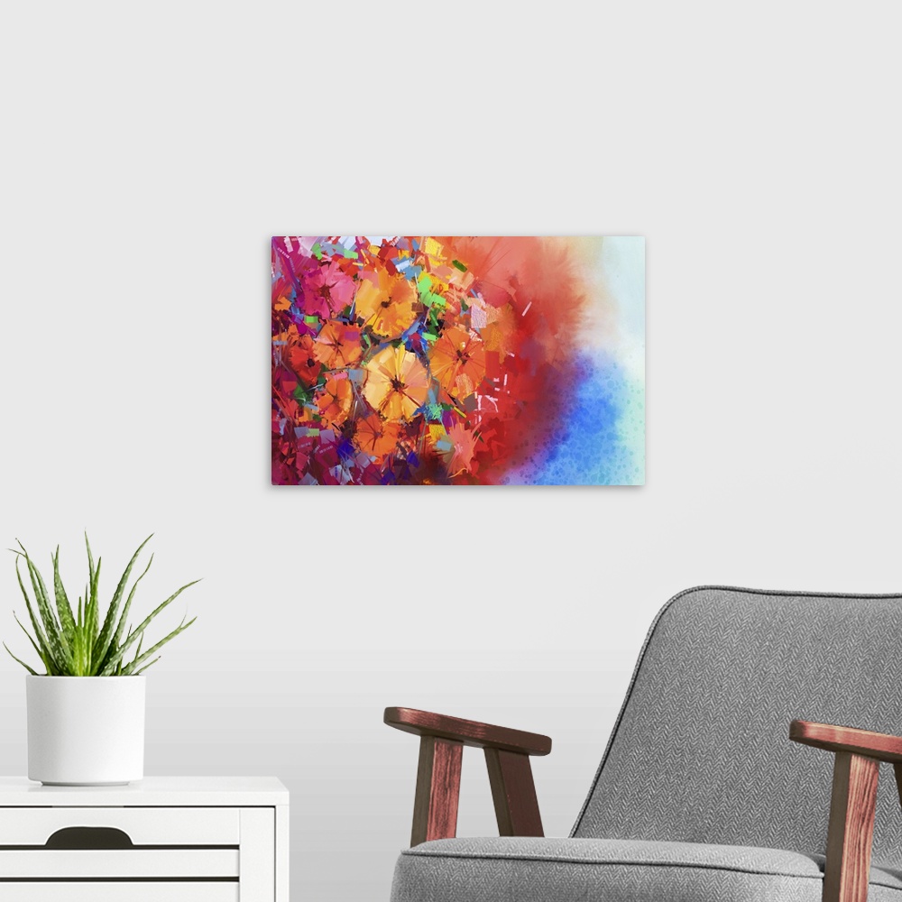 A modern room featuring Originally an abstract oil painting a bouquet of gerbera flowers . Close-up still life of red col...