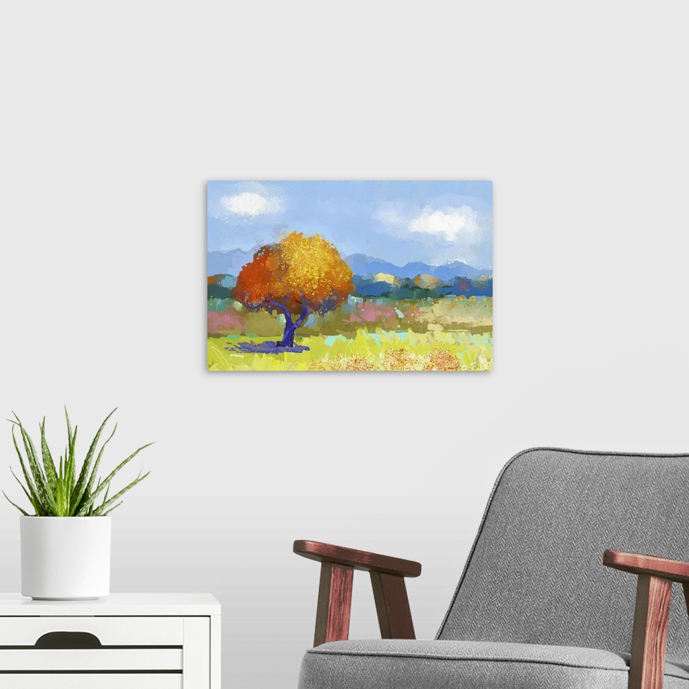 A modern room featuring Originally an oil painting of a colorful rural landscape. Originally an oil painting of fields of...