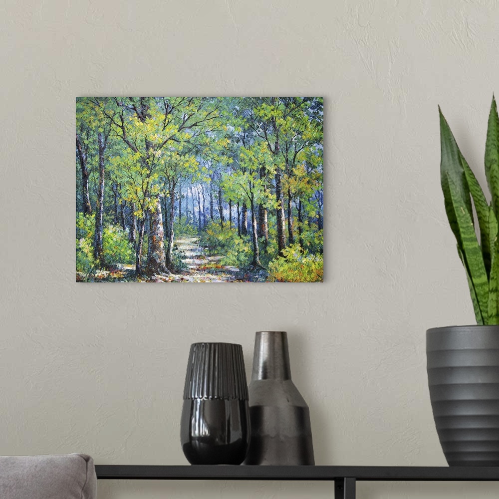 A modern room featuring Originally an oil painting of a walkway in forest.