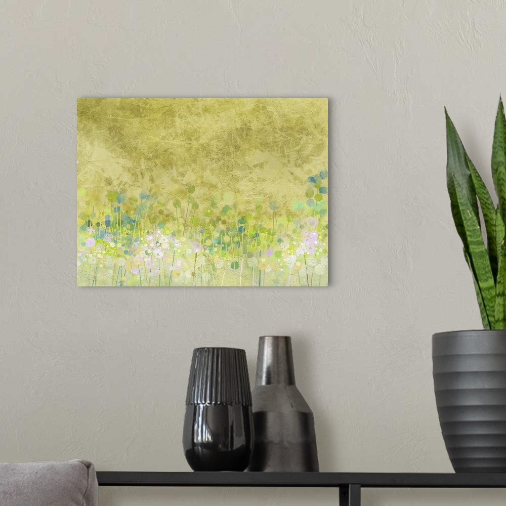 A modern room featuring Abstract painting flowers field on grunge paper texture background.