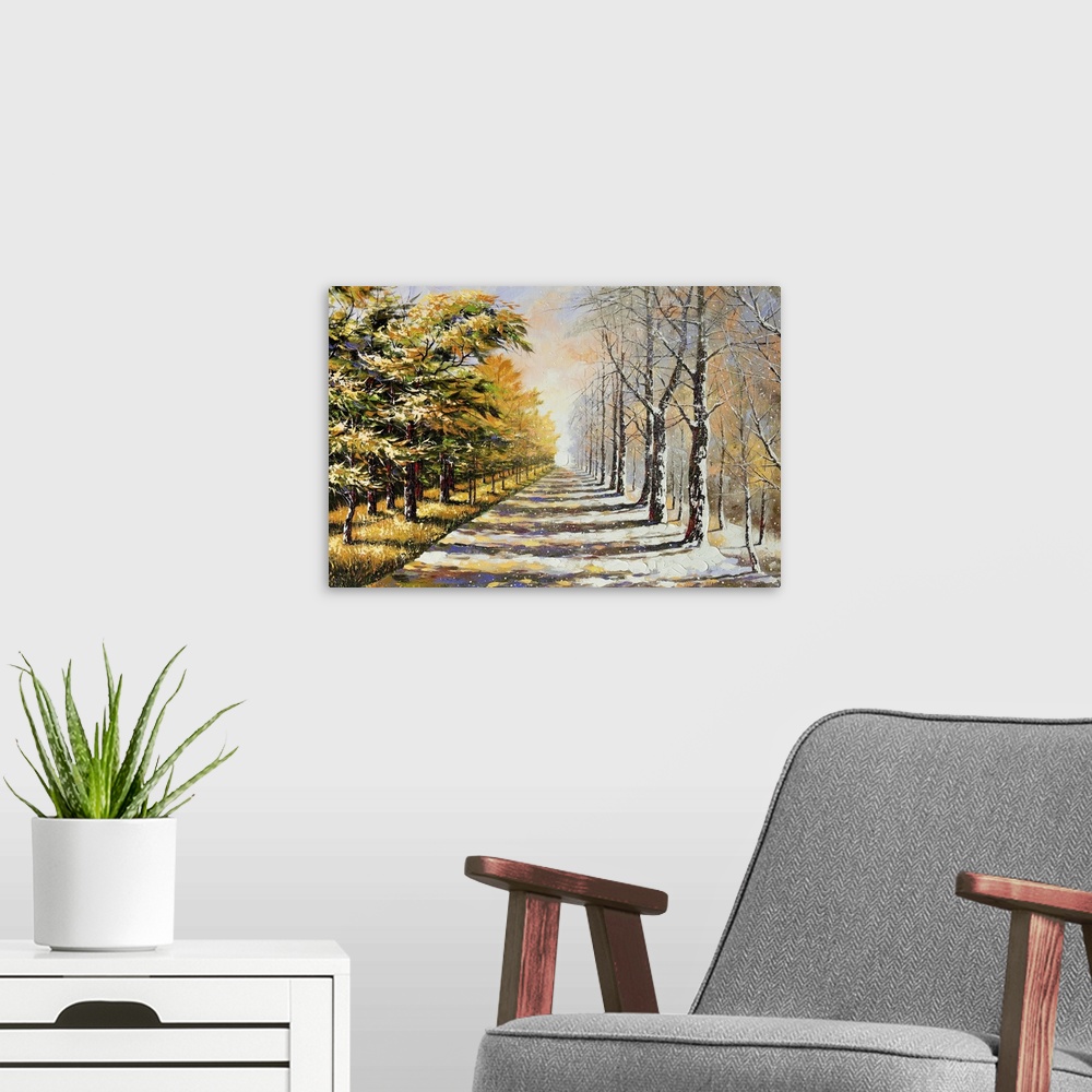A modern room featuring Allegory on theme winter-autumn.