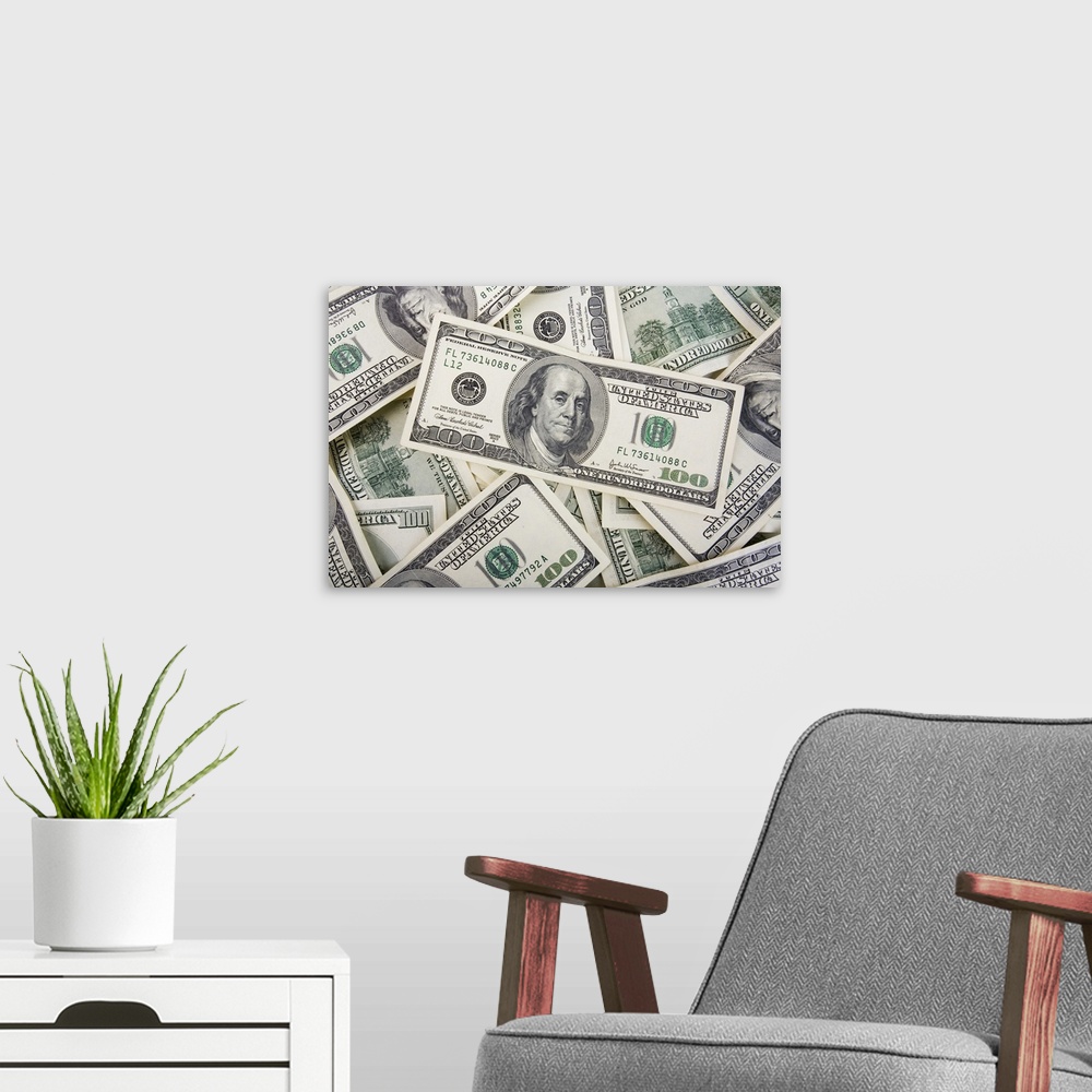 A modern room featuring Background with American hundred dollar bills.